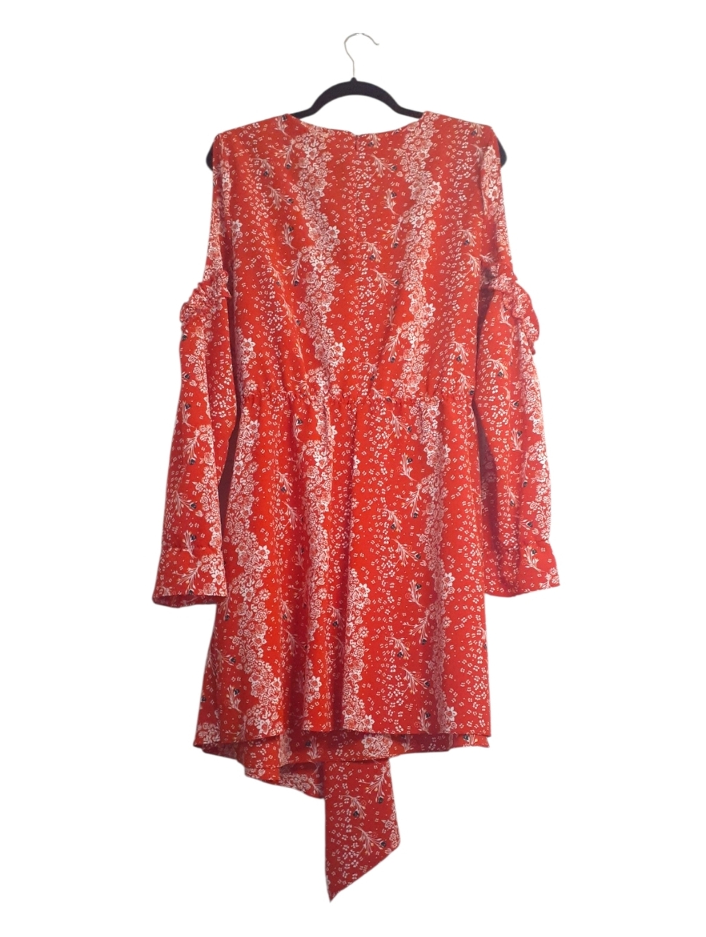SALE! NWOT River Island Red Floral Cold-Shoulder Tie-Waist Midi Dress Size L/XL - Picture 2 of 3